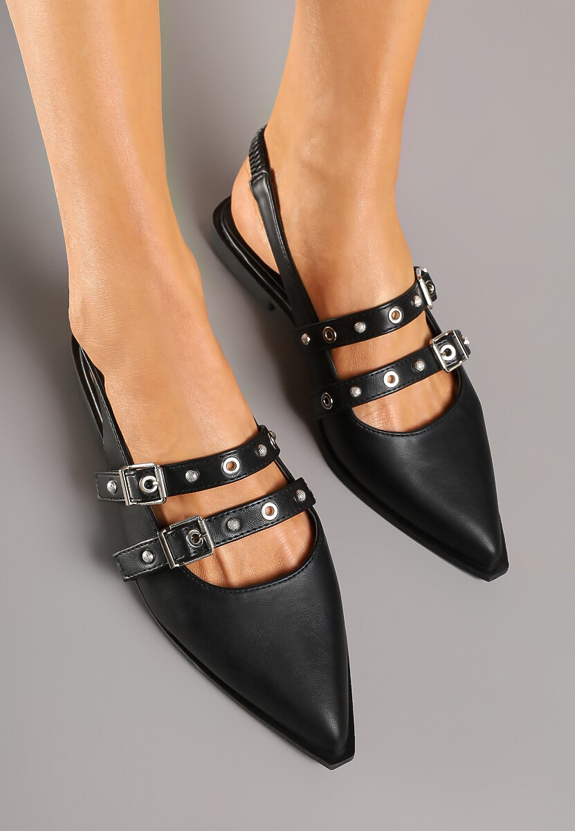 Czarne Sandały ze Szpiczastym Noskiem i Odkrytą Piętą Zdobione Sprzączkami Dorlevia