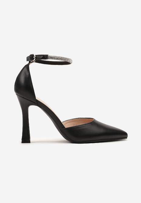 Czarne Szpilki Klepsydrowe z Paskiem Ozdobionym Cyrkoniami Keramla