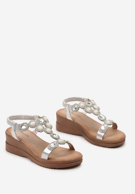 Srebrne Sandały na Koturnie z Elastycznym Paseczkiem i Kryształkami Perraviana