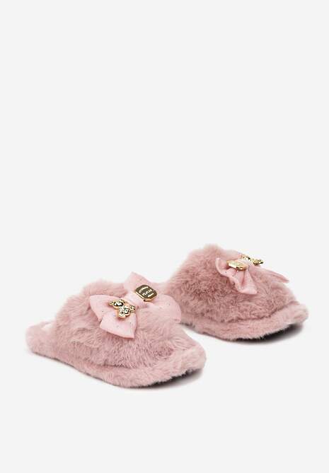 Ciemnoróżowe Kapcie z Futerkiem Zdobione Kokardą z Metalowymi Aplikacjami Filora