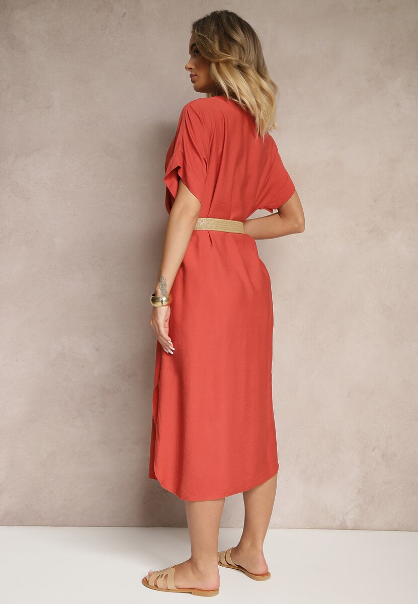 Czerwona Pudełkowa Sukienka z Wiskozy z Dekoltem V Paskiem i Rozcięciami po Bokach Soniloria