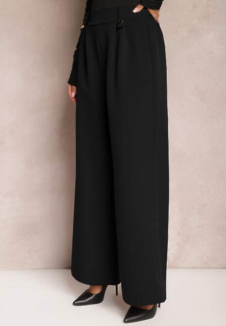 Czarne Eleganckie Spodnie Dzwony z Ozdobnymi Patkami w Pasie Nattas