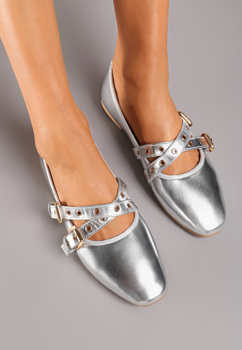 Srebrne Balerinki na Płaskiej Podeszwie z Paskami i Sprzączkami Pinaya
