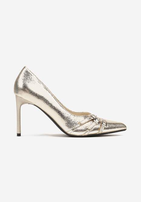 Złote Klasyczne Szpilki z Noskiem w Szpic Ozdobionym Klamerkami i Paseczkami Railanne