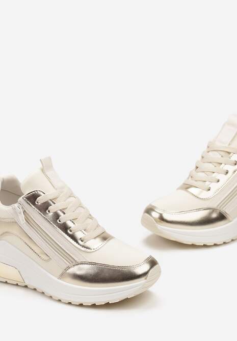 Beżowe Sneakersy z Ekoskóry z Połyskującymi Detalami i Ozdobnym Zamkiem Raviles