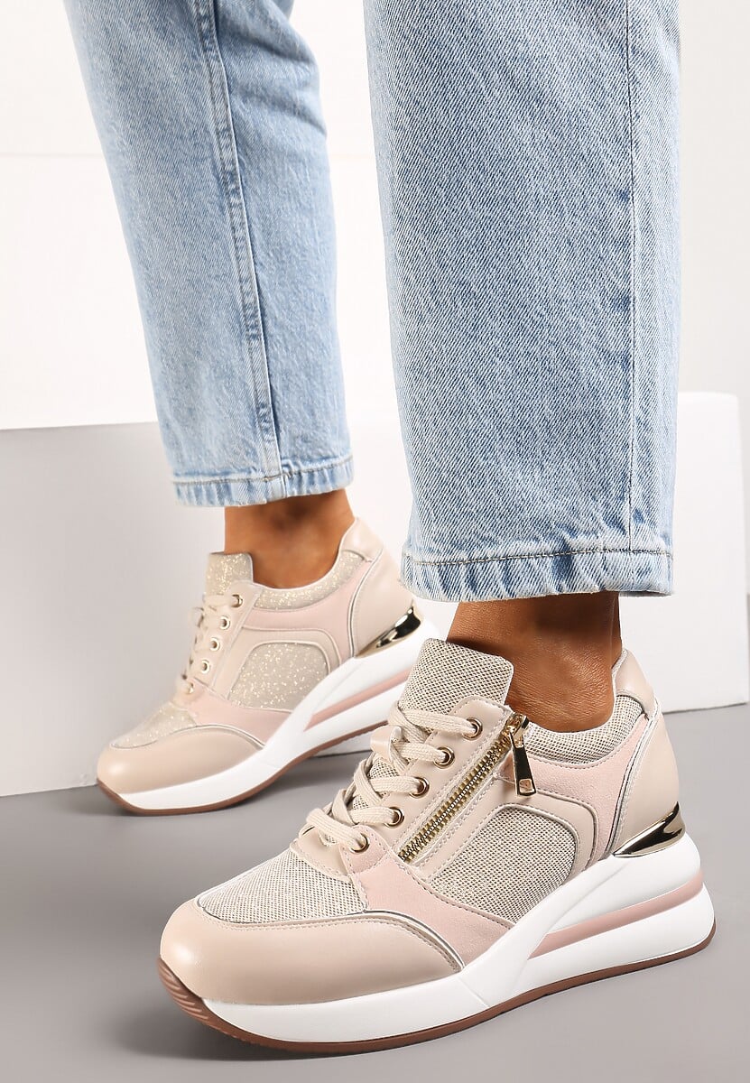 Beżowe Sneakersy na Koturnie Ozdobione Zamkiem Błyskawicznym i Metaliczną Wstawką Ellieti