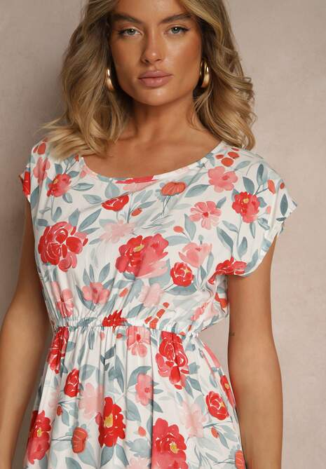 Czerwona Rozkloszowana Sukienka z Bawełną w Kwiaty Talisenia