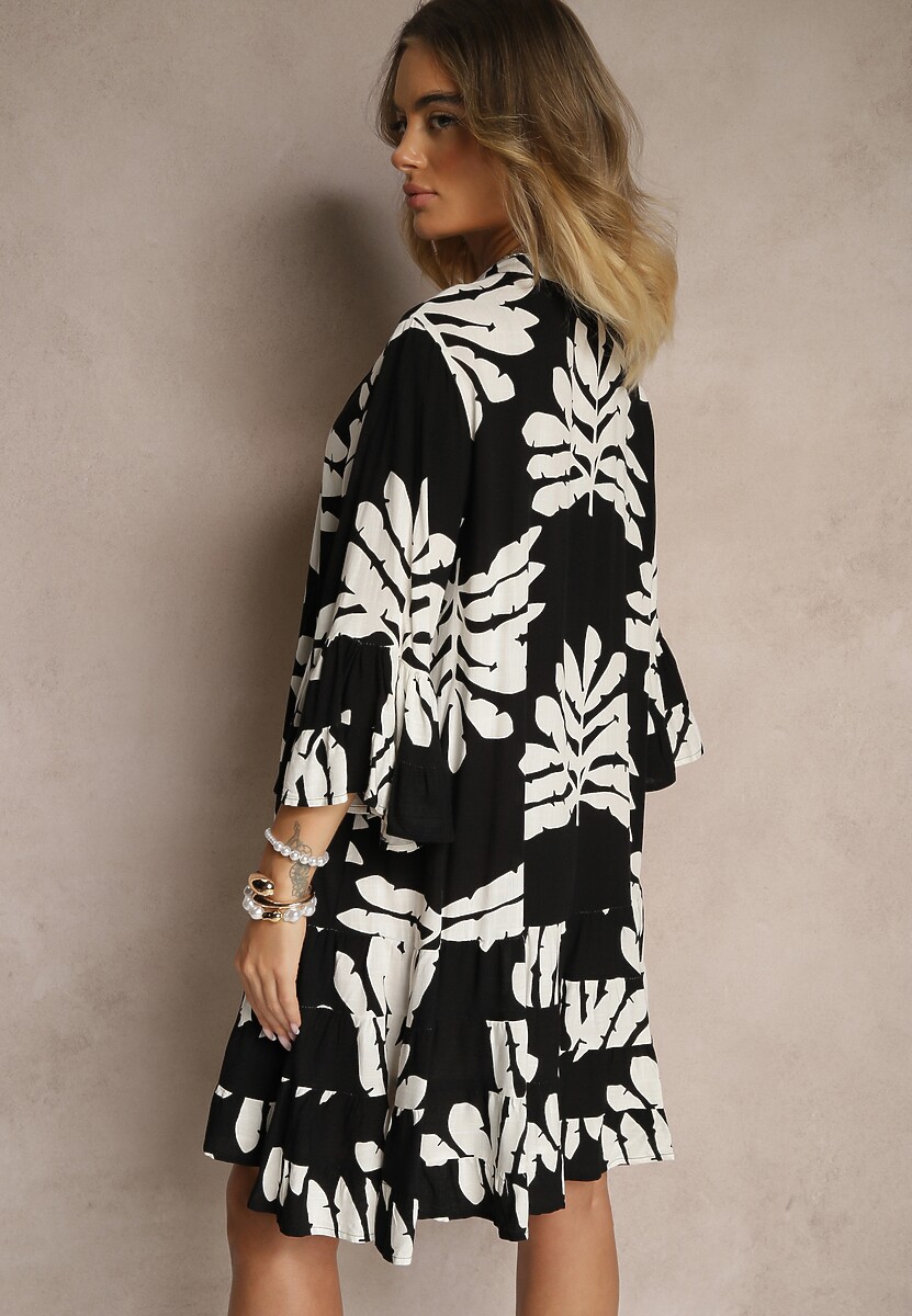Czarna Koszulowa Sukienka z Wiskozy z Falbankami w Liściasty Wzór Ridiella
