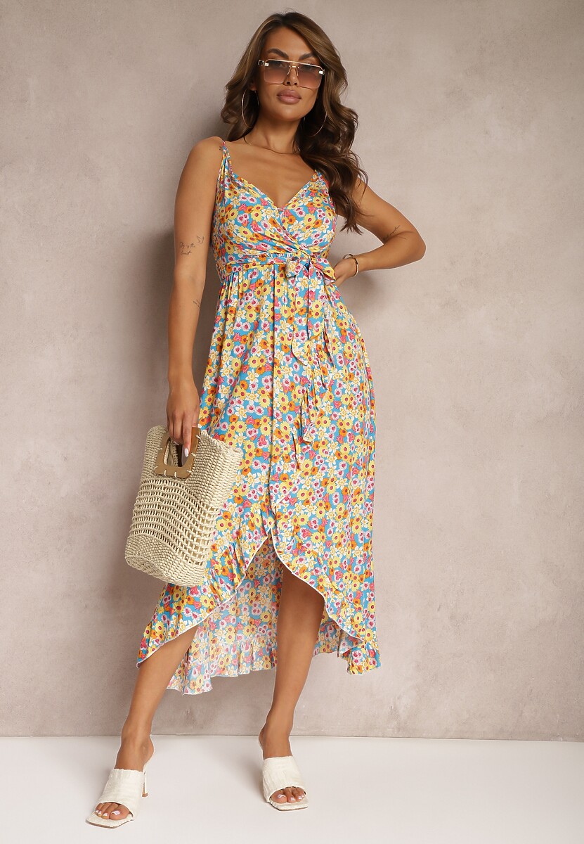 Zielono-Różowa Sukienka z Bawełny na Ramiączkach z Asymetrycznym Rozcięciem i Dekoltem w Serek Milloa