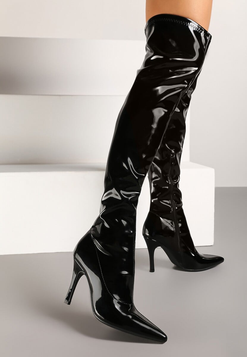 Czarne Kozaki na Obcasie z Przylegającą Cholewką za Kolano z Lakierowanym Połyskiem Nelasena