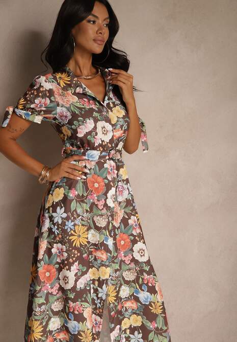 Brązowa Koszulowa Sukienka w Kwiaty o Rozkloszowanym Fasonie z Paskiem Fevalirra
