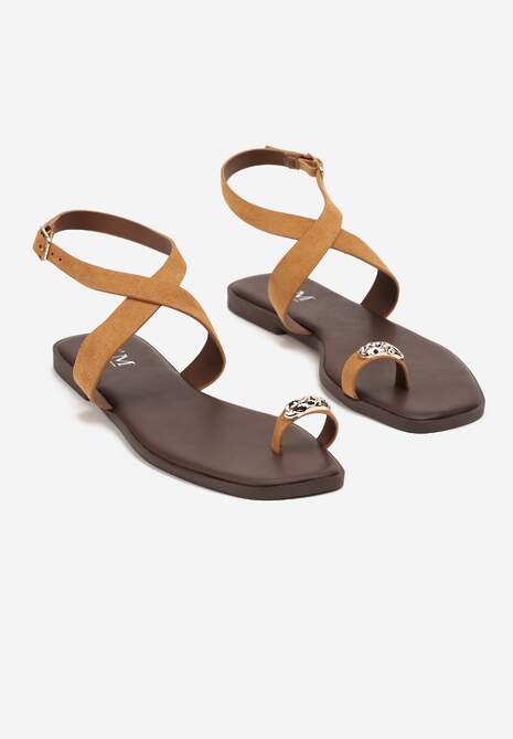Jasnobrązowe Sandały Typu Japonki z Metalicznymi Wstawkami Frolimi