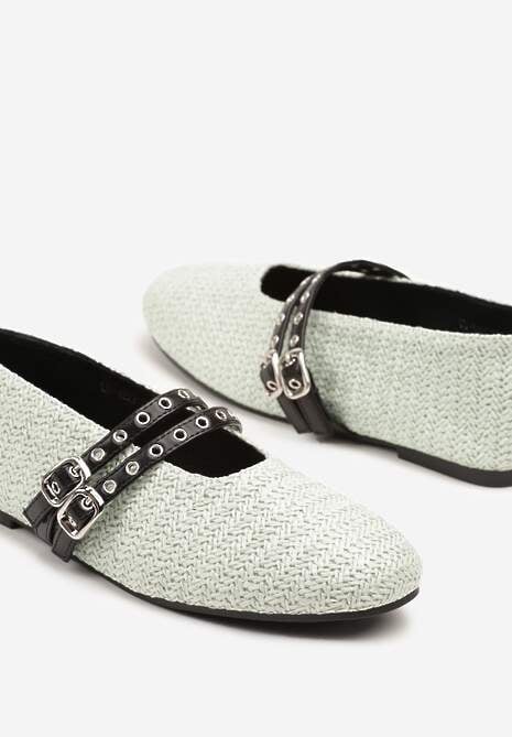 Zielone Balerinki z Tweedowym Akcentem i Dwiem Sprzączkami Gavirna