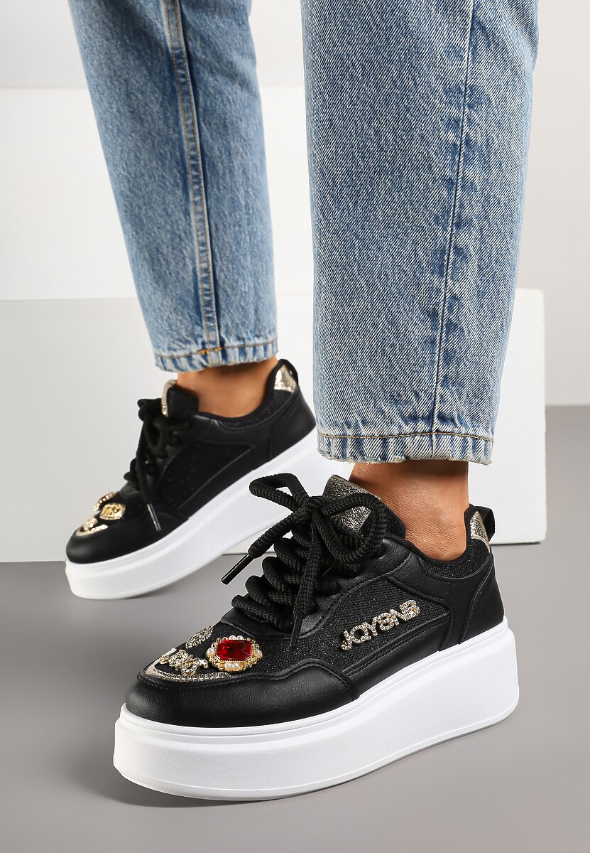 Czarne Sneakersy na Grubej Podeszwie z Cyrkoniami i Brokatem Falissa