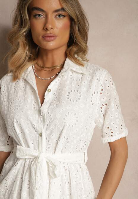 Biała Koszulowa Sukienka z Bawełny z Wiązanym Paskiem i Haftowanymi Zdobieniami Efronelle