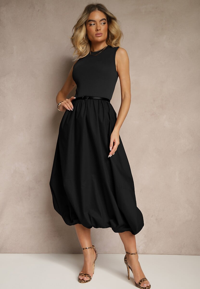 Czarna Sukienka z Wiskozy o Fasonie Balloon z Eleganckim Paskiem z Klamerką Stelliia