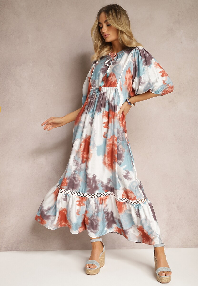 Ciemnobeżowa Sukienka w Stylu Boho z Krótkim Rękawem z Falbanką i Rękawem 3/4 Valendra