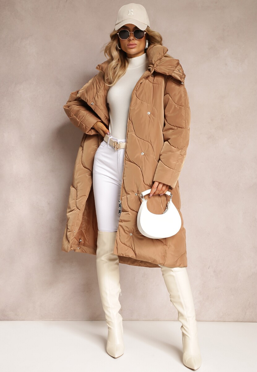 Ciemnobeżowa Pikowana Kurtka Płaszcz za Kolano z Kapturem Kelotta