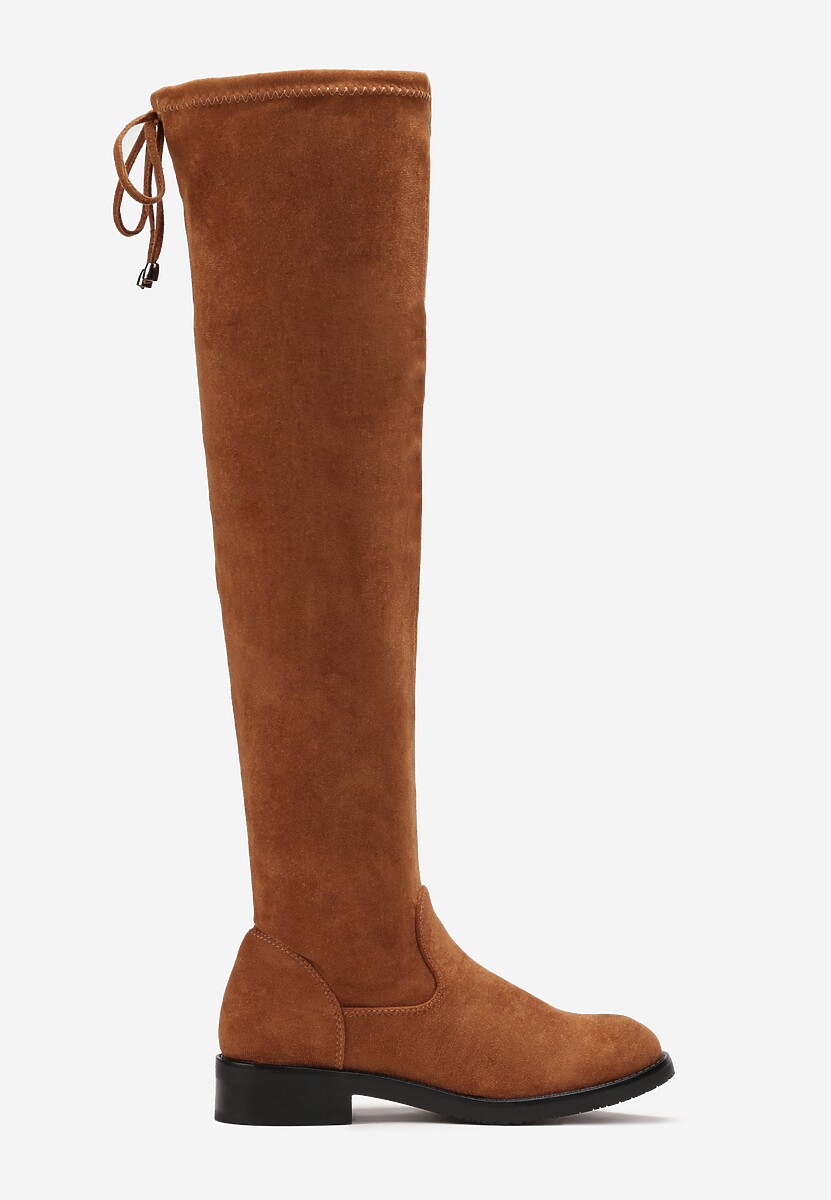 Brązowe Dopasowane Kozaki za Kolano z Wiązaniem z Tyłu Hemiga