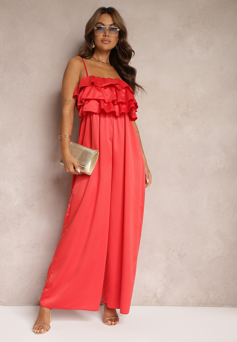 Czerwony Koktajlowy Kombinezon na Ramiączkach z Regulacją i Gumką w Talii Uesvia