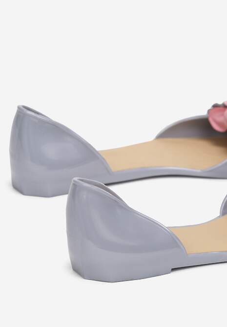 Szare Balerinki Meliski Peep Toe z Kwiatową Aplikacją Idalina