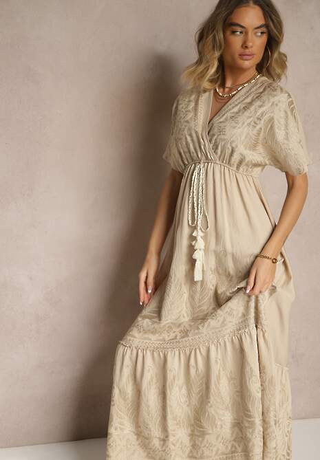 Beżowa Wiskozowa Sukienka Boho o Kopertowym Kroju z Metalicznym Haftem Redeselle