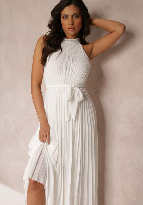 Biała Sukienka Maxi bez Rękawów z Gumką w Talii z Plisowanej Tkaniny Pesstia