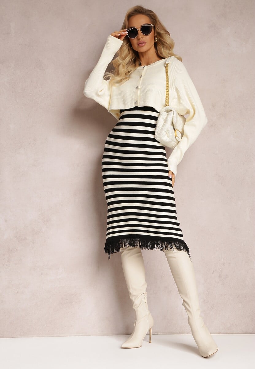 Czarny Komplet 2-Częściowy Sukienka w Paski i Kardigan Krótki na Guziki Orivela