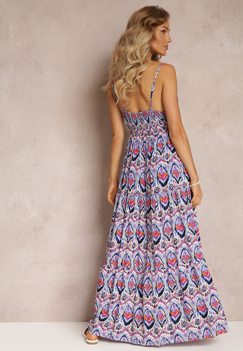 Niebieska Wiskozowa Sukienka na Ramiączkach z Gumką w Pasie i Głębokim Dekoltem Konille