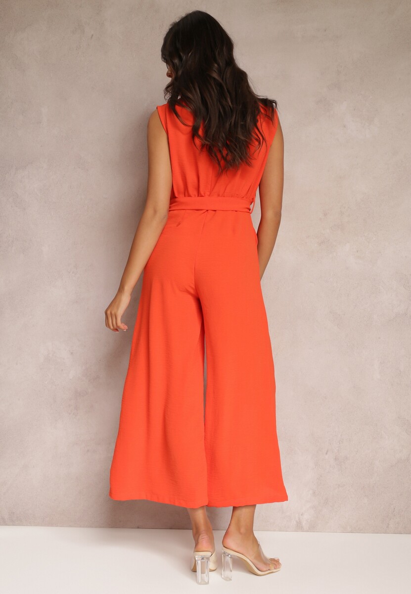 Pomarańczowy Długi Kombinezon z Kopertowym Dekoltem i Paskiem Violettsa