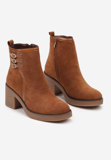 Brązowe Botki na Słupku z Trzema Paseczkami z Klamerkami Ivenitha