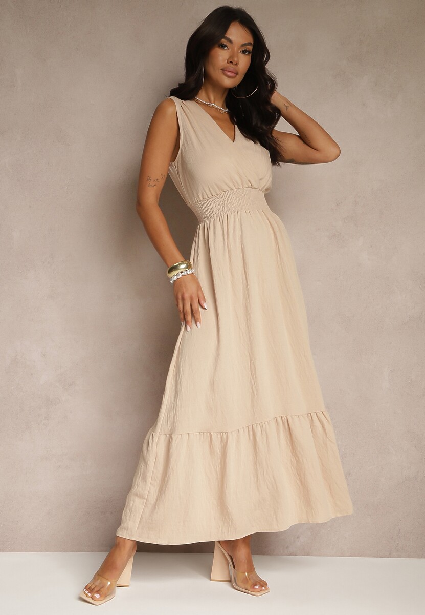 Beżowa Wiskozowa Sukienka o Kopertowym Kroju Bez Rękawów Silessa