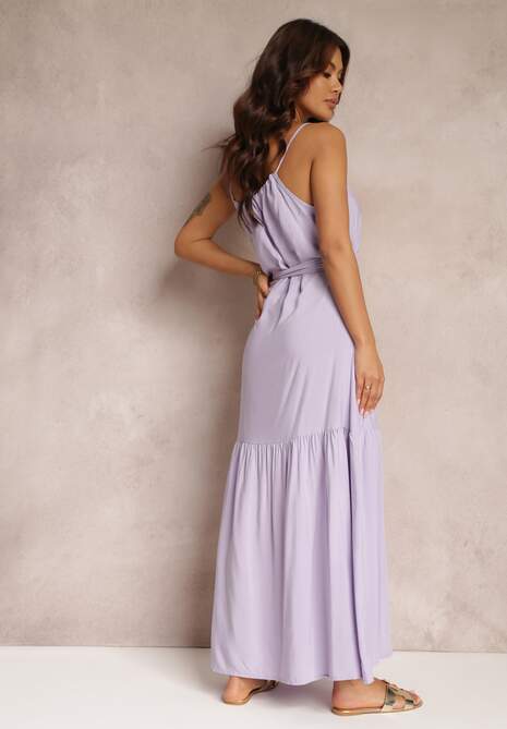 Fioletowa Rozkloszowana Sukienka na Ramiączkach z Wiązanym Paskiem Diadite