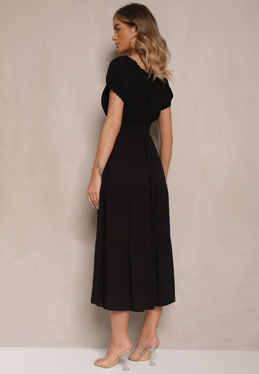 Czarna Rozkloszowana Sukienka z Gumką w Talii i Dekoltem w Kształcie Łódki Miratela