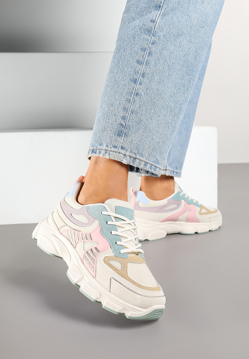 Beżowo-Różowe Sneakersy w Streetwearowym Stylu na Grubej Podeszwie Felethra