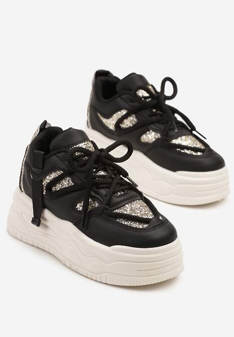 Czarne Sneakersy w Streetwearowym Stylu na Tłoczonej Platformie z Brokatem Mailienne