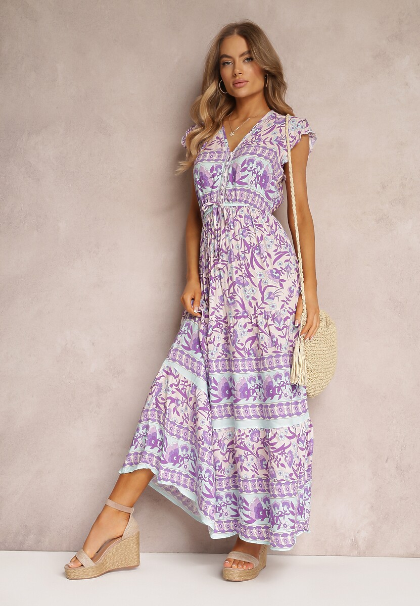 Fioletowa Sukienka w Kwiaty z Gumką w Pasie i Krótkim Rękawem Sadi