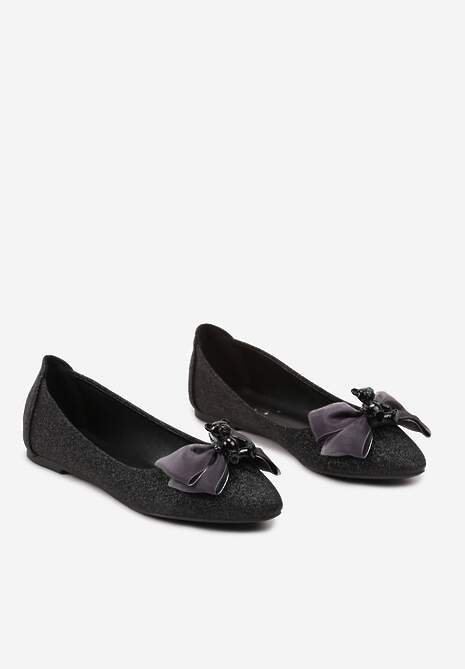 Czarne Brokatowe Balerinki na Płaskiej Podeszwie z Kokardą Lotisha
