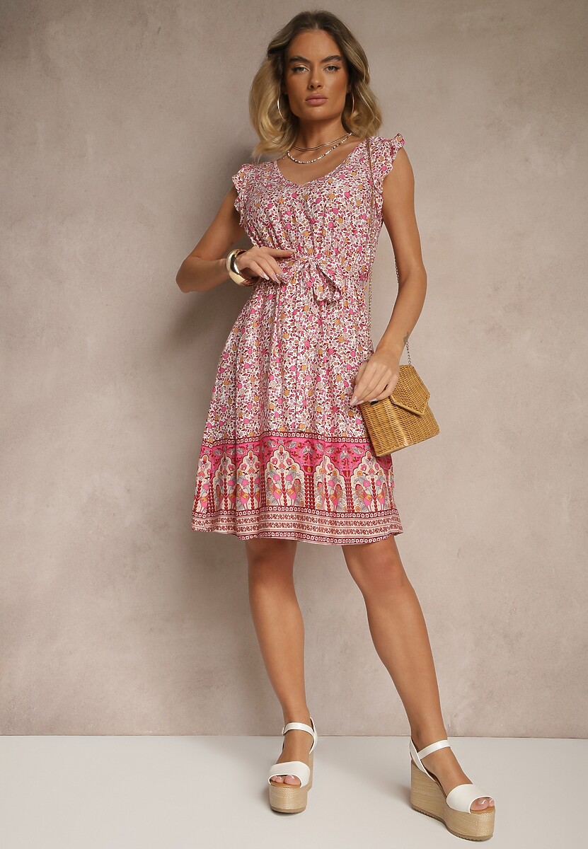 Różowa Rozkloszowana Sukienka z Wiskozy z Wiązanym Paskiem Sepelise