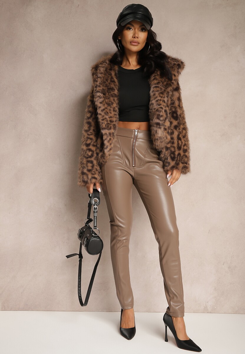 Beżowe Spodnie High Waist z Ekoskóry z Ozdobnym Suwakiem i Ociepleniem Ilanilith