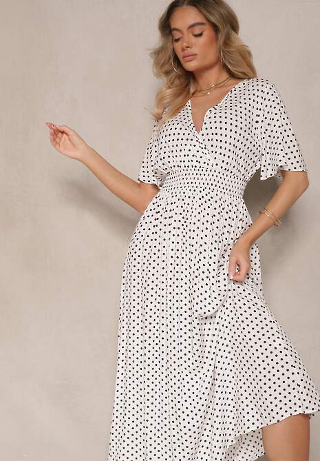 Biała Sukienka z Bawełną i Kopertowym Dekoltem ze Wzorem w Kropki Ldivona