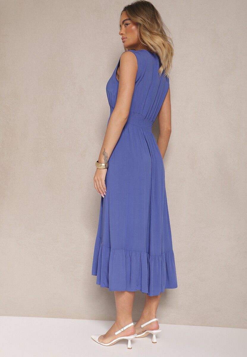 Niebieska Kopertowa Sukienka z Wiskozy Zdobiona Falbanką Ularisela