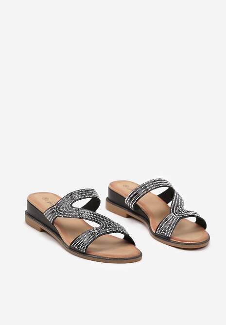 Czarne Wsuwane Klapki na Koturnie z Ozdobnymi Cyrkoniami i Brokatem Pasteri