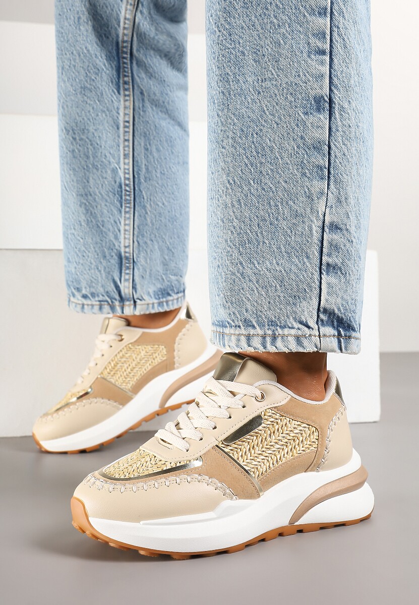 Ciemnobeżowe Sneakersy na Platformie ze Wstawkami z Plecionki Ninatia