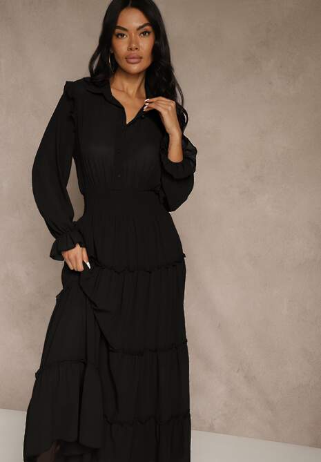 Czarna Sukienka VICES Koszulowa z Falbaną w Rustykalnym Stylu Arivite