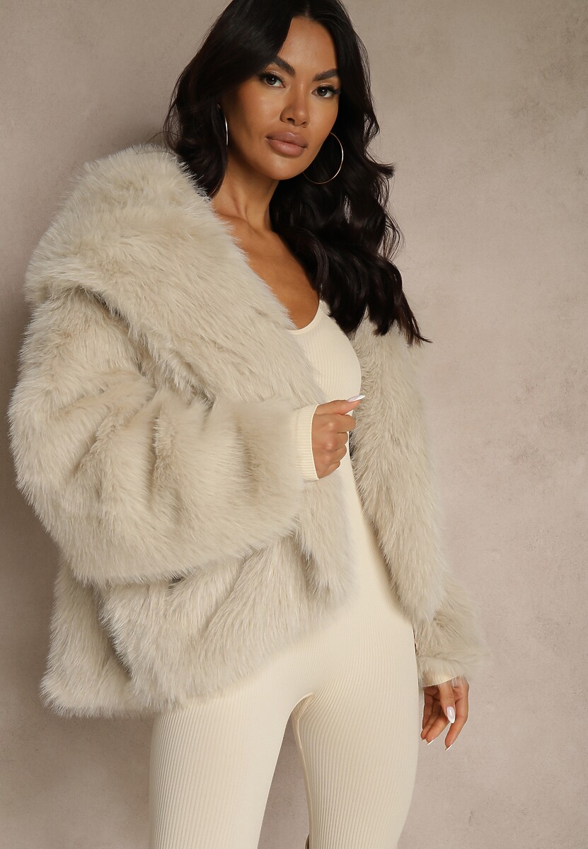 Beżowa Kurtka Futerko z Kapturem o Prostym Kroju Serrise