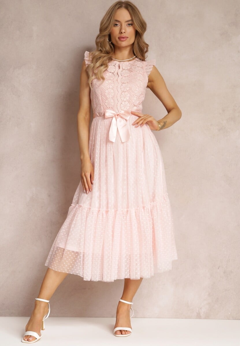 Różowa Taliowana Sukienka z Tiulową Spódnicą i Górą z Koronki Darela