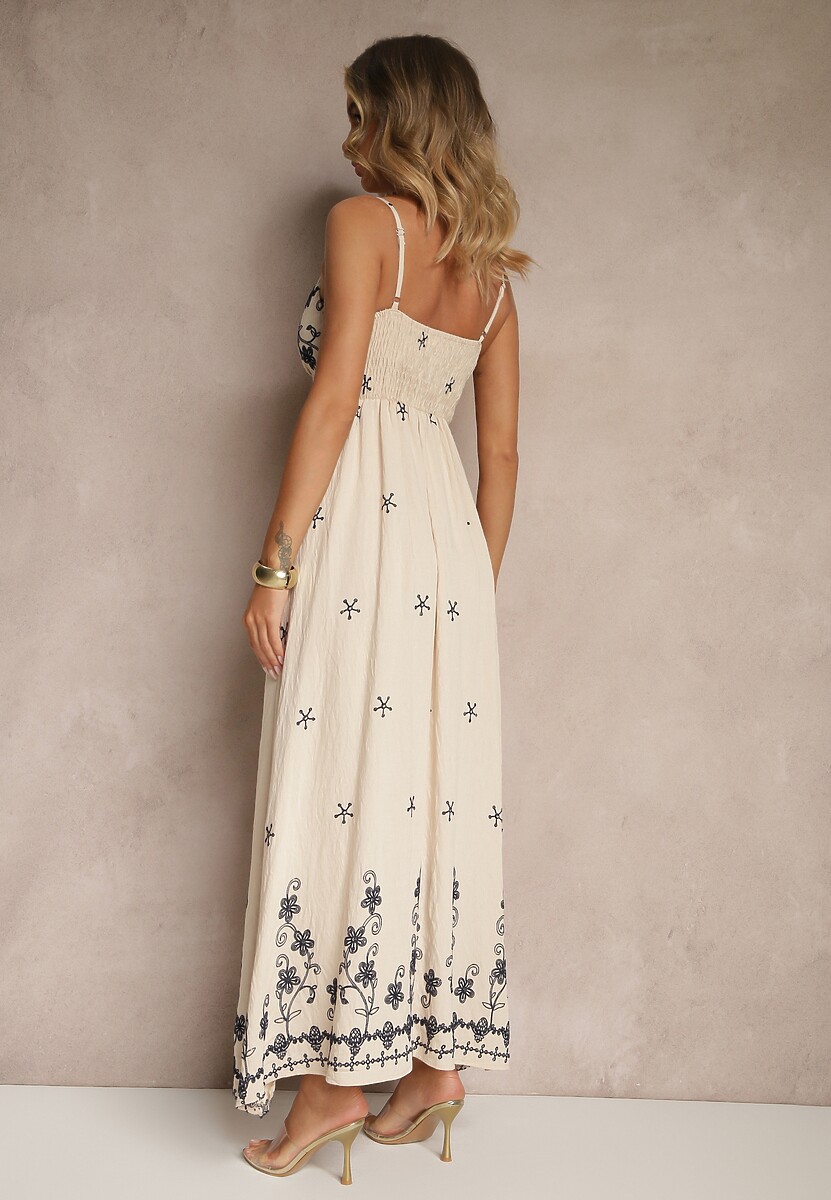 Jasnobeżowa Wiskozowa Sukienka z Kopertowym Dekoltem i Haftami Sarondra