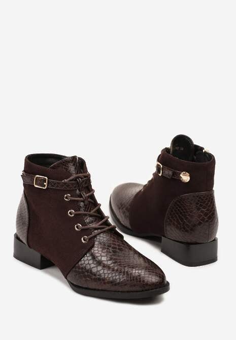 Brązowe Botki Vices ze Wstawkami Imitującymi Skórę Węża i Sprzączką Gelrina