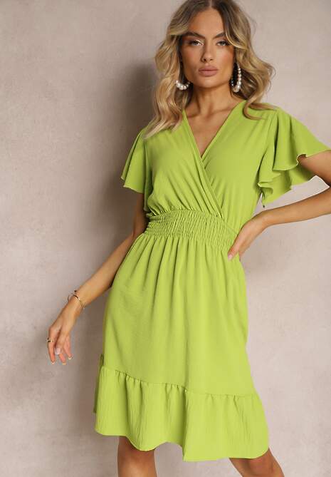 Jasnozielona Sukienka z Falbankami i Marszczoną Gumką w Talii Edenia